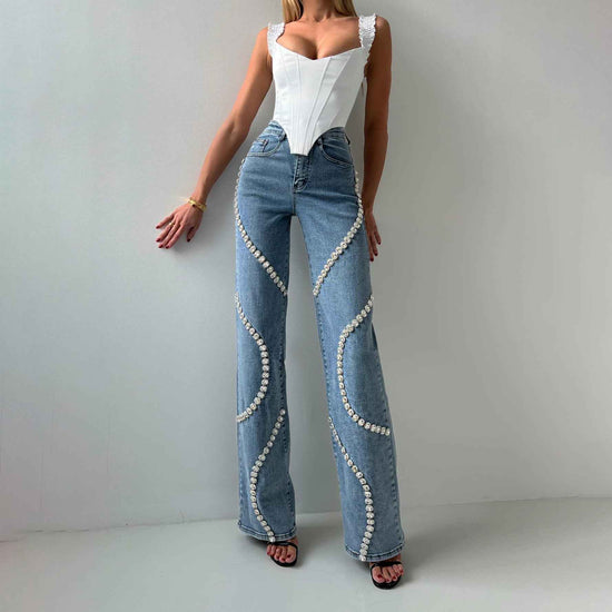 Rhinestone Loose Straight Leg Jeans for Women - Fashionable Casual Pants with Stylish Denim Design