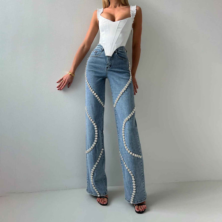 Rhinestone Loose Straight Leg Jeans for Women - Fashionable Casual Pants with Stylish Denim Design