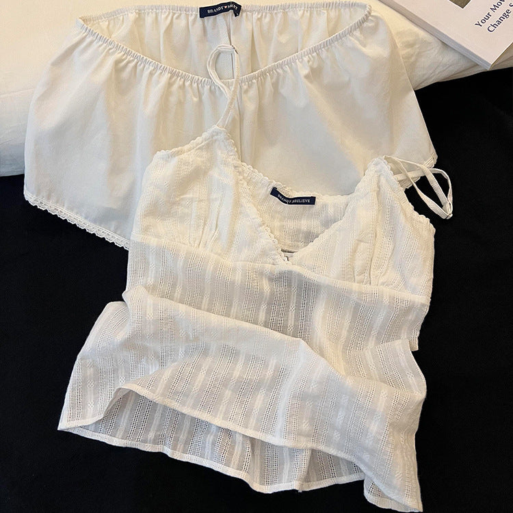 Home Simple Slim Fit White Suspender Pajamas For Women.