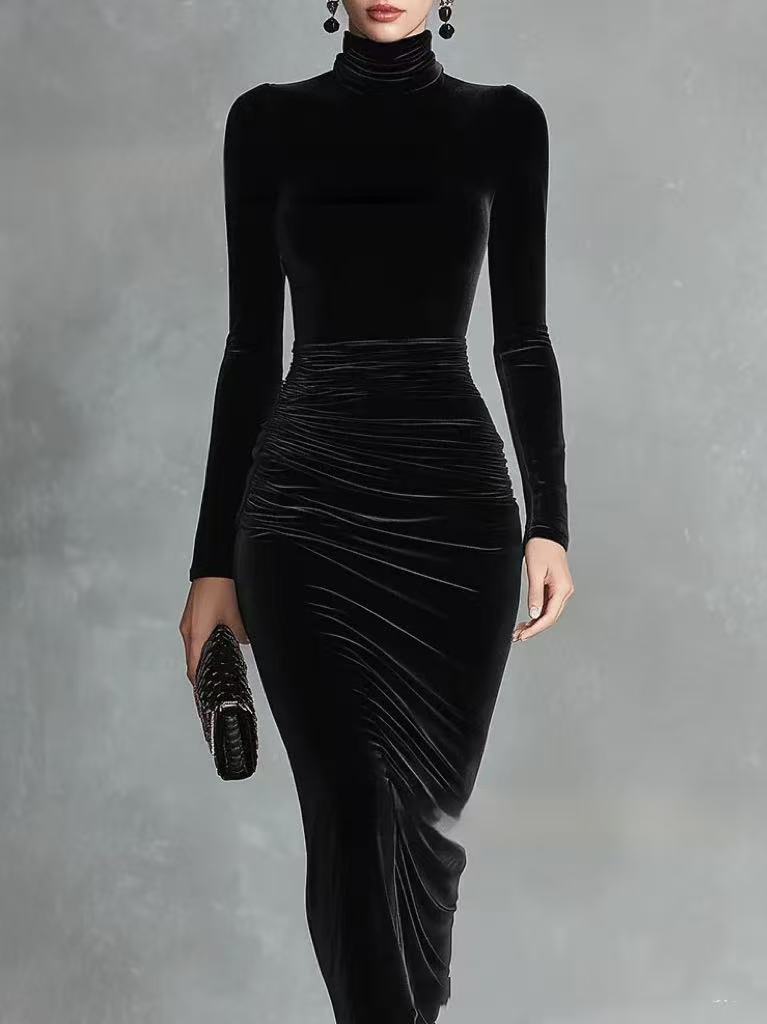 Black Velvet Turtleneck Dress for Women – Half-Length Style - Florence Luxe