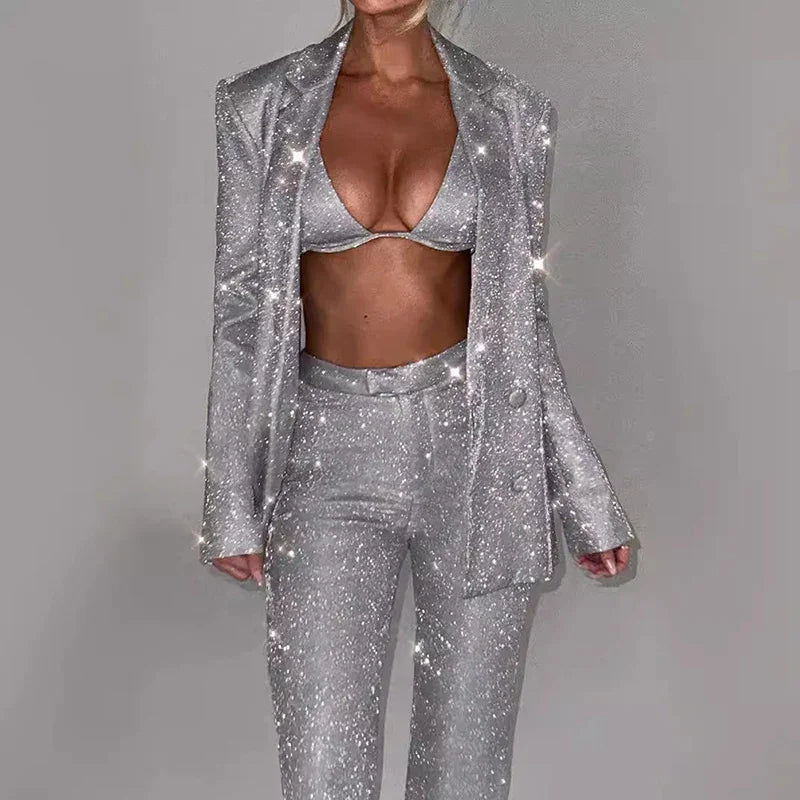 Long-Sleeved Blazer Suit and Straight-Leg Trouser Set with Bra Lapel for Fashion Parties - Florence Luxe