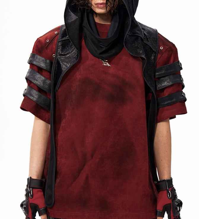 Dark Leather Patchwork T-Shirt in Dirty Dyed Red