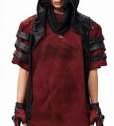Dark Leather Patchwork T-Shirt in Dirty Dyed Red