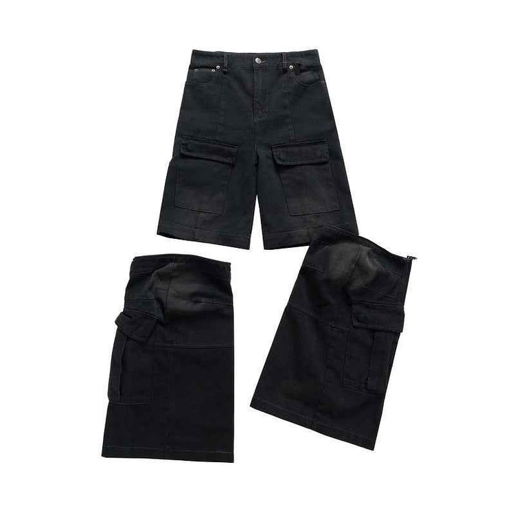 Detachable Multi-Pocket Overalls - Worn-Looking Washed-Out Two-Way Style