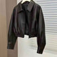 Black Leather Spring Autumn Coat - Women&