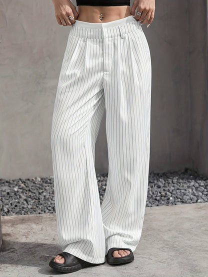 Stripe Printed Trousers Fashion High Waist Straight Leg Pants With Pocket Zipper Casual Suit Pants For Women - Florence Luxe