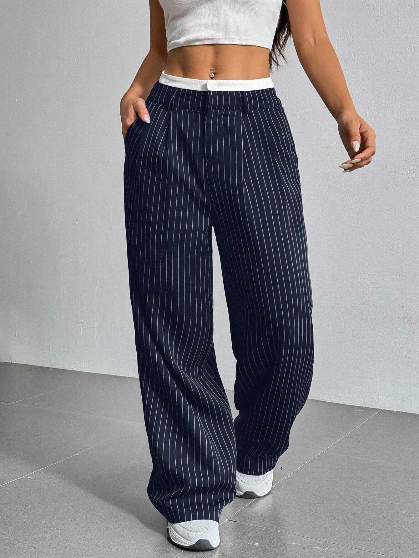 Stripe Printed Trousers Fashion High Waist Straight Leg Pants With Pocket Zipper Casual Suit Pants For Women - Florence Luxe