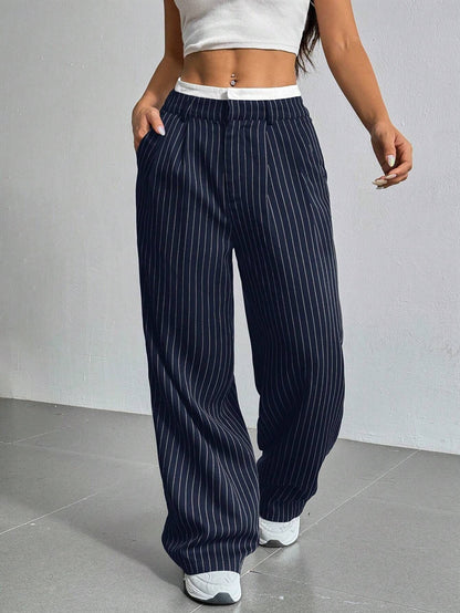 Stripe Printed Trousers Fashion High Waist Straight Leg Pants With Pocket Zipper Casual Suit Pants For Women - Florence Luxe