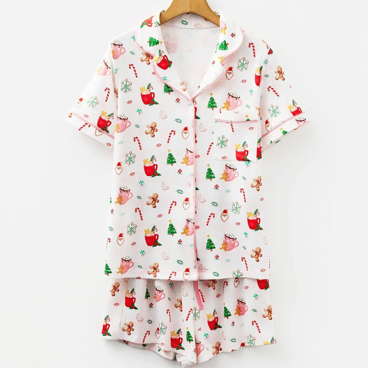 White Christmas Spirits Shirt Style 2pcs Short Pajama Set.