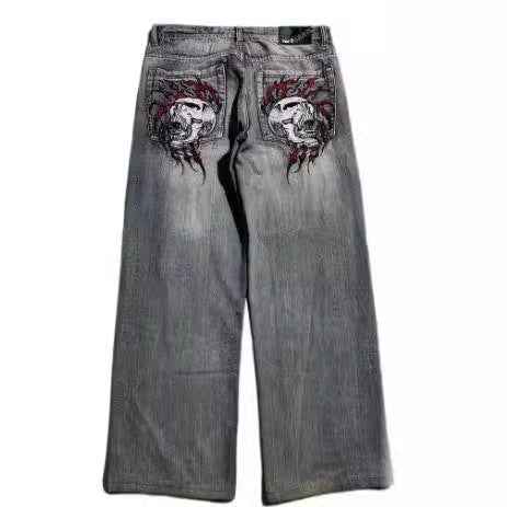 American Retro Washed-out Jeans for Men - Wide-leg Workwear Design Casual Style