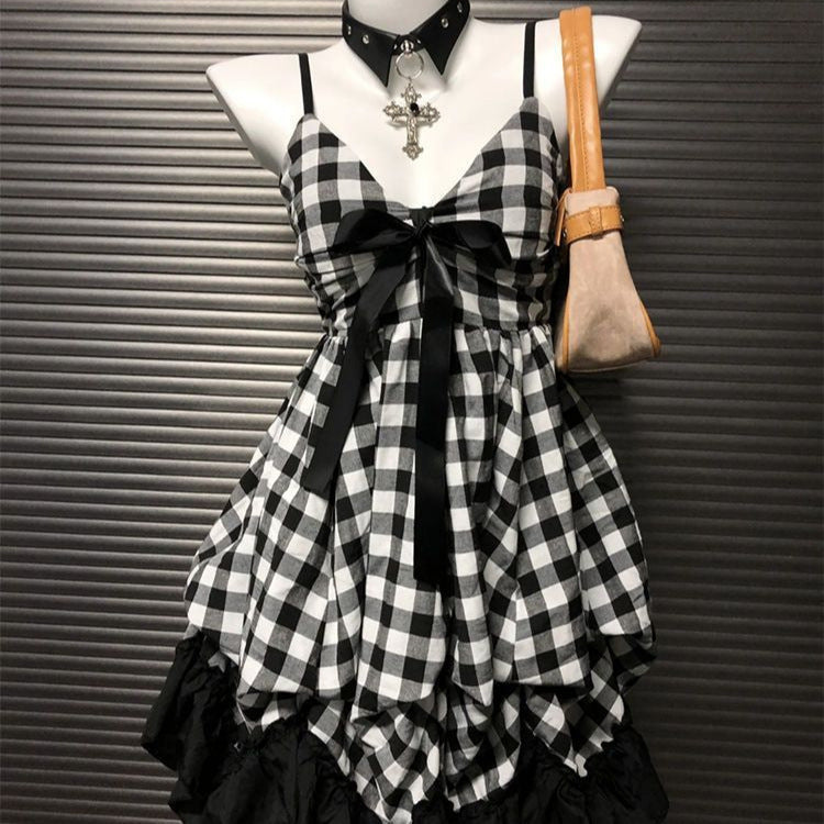 Retro Black and White Plaid Dress - Slim Fit Cinched Sling Bow Design - Florence Luxe