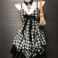 Retro Black and White Plaid Dress - Slim Fit Cinched Sling Bow Design - Florence Luxe