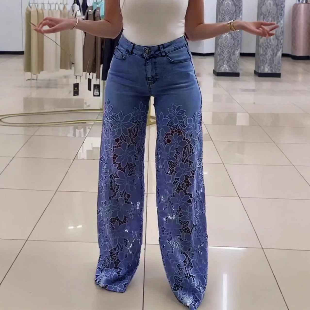 Y2K Lace Flowers Jeans High Waist Straight Wide Leg Pants for Women