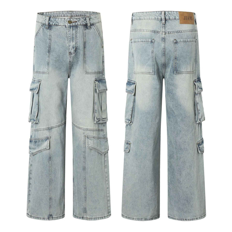 American Retro Pocket Jeans - Simple Washed and Worn Style