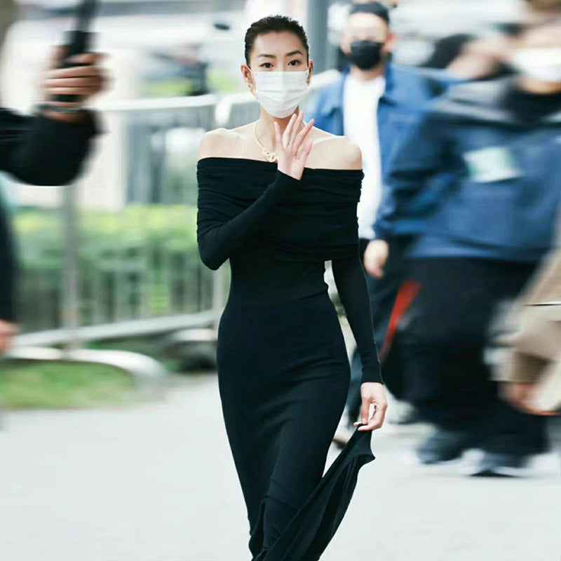 Knitted Off-shoulder Long Sleeve Fishtail Dress Ins Spring French Retro