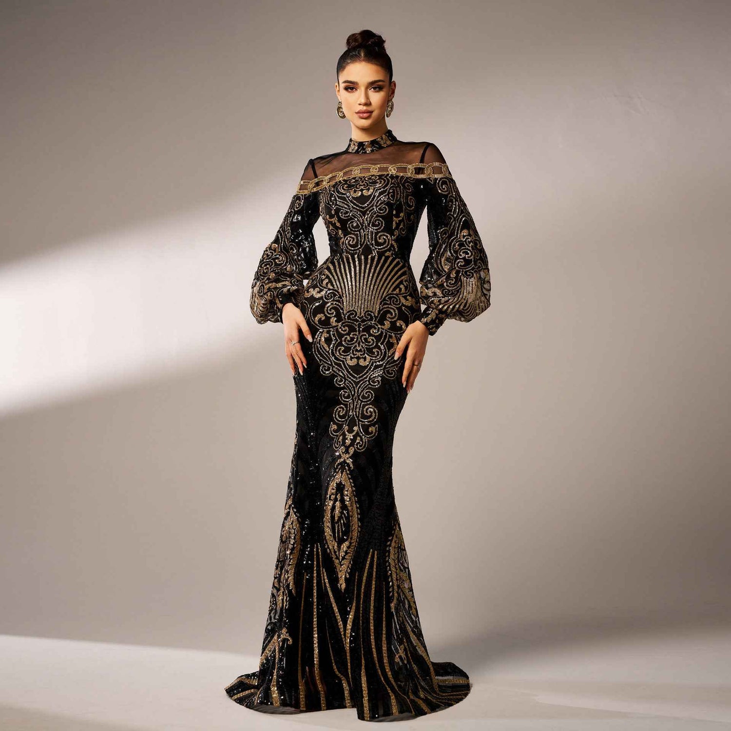 Long Sleeve Sequin Fishtail Dress with Lace for Elegant Occasions