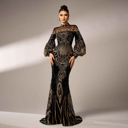 Long Sleeve Sequin Fishtail Dress with Lace for Elegant Occasions
