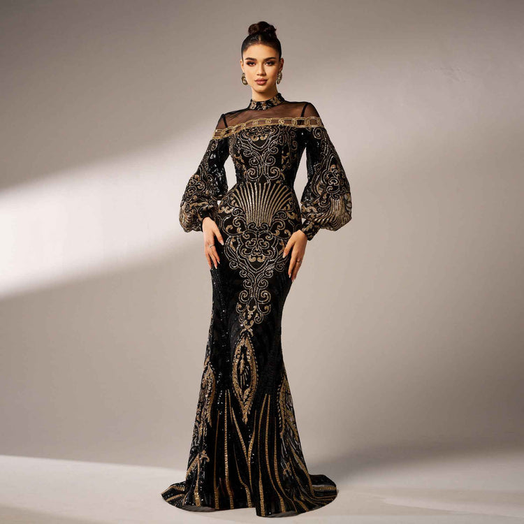 Long Sleeve Sequin Fishtail Dress with Lace for Elegant Occasions