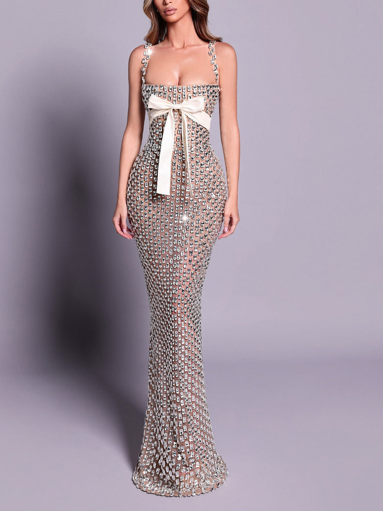 Crystal-Embellished Maxi Dress With White Bow Detail - Florence Luxe