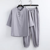 Linen Short Sleeve Suit Buckle Half Buddhist set - Florence Luxe