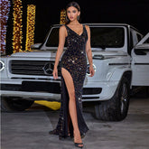 High Slit Sequined Evening Dress Without Back - Florence Luxe