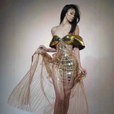 Gold Sequined Strapless Dress for Women - Tube Top Tulle Split Dress