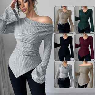 Ribbed Off-the-Shoulder Sweater - Off-the-Shoulder Ribbed Sweater for Effortless Elegance