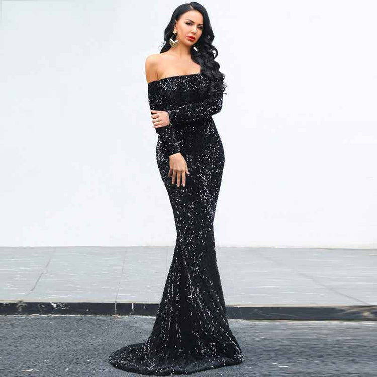 Strapless Long Sleeve Sequins Evening Dress for Parties - Perfect Strapless Sequins Evening Dress