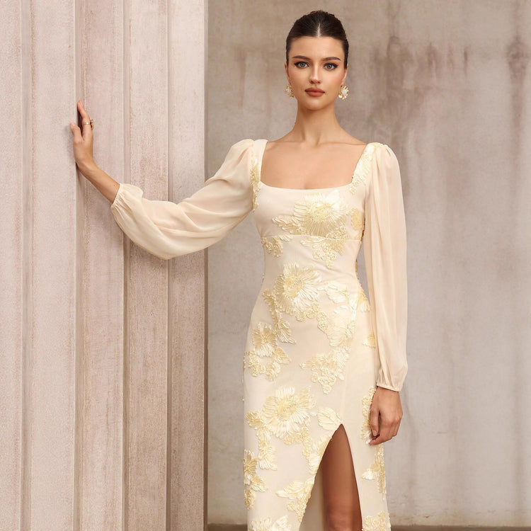 Flower Embroidered Banquet Dress with Square Collar and Slit for Elegant Occasions - Florence Luxe