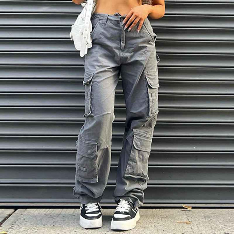 Multi-Pocket Gray Straight Loose Jeans for Women - Slim Look and Comfort