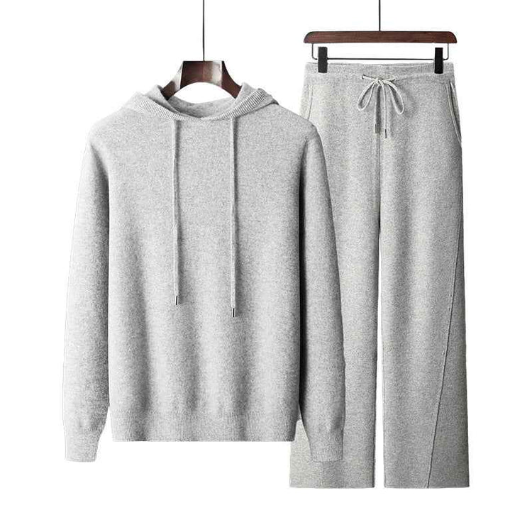 Seamless Wool Hoodie and Pants Set for Men - Pure Wool Knitted Two-Piece Set with Drawstring
