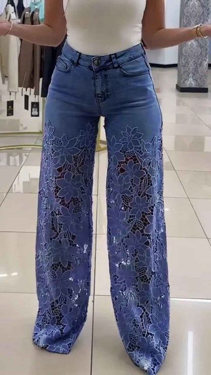 Y2K Lace Flowers Jeans High Waist Straight Wide Leg Pants for Women