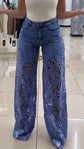 Y2K Lace Flowers Jeans High Waist Straight Wide Leg Pants for Women