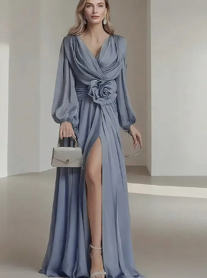 Flower Chiffon Wedding Dress with Long Puff Sleeves and V-neck - Flowy Maxi Dress