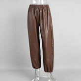Leather Ankle-Tied Bloomers Loose PU Leather Pants Trousers