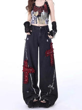 Retro Plaid Jeans with Tattered Stitching in Red - Florence Luxe