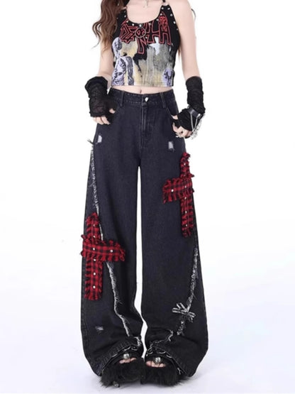 Retro Plaid Jeans with Tattered Stitching in Red - Florence Luxe