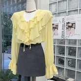 French Ruffled V-Neck Shirt for Women - Elegant Long Sleeve Style - Florence Luxe