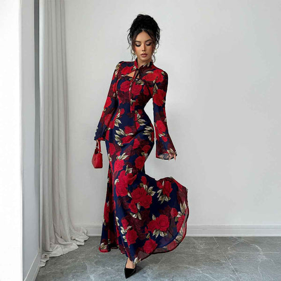 Elegant Style Printed Long-sleeved Dress For Women