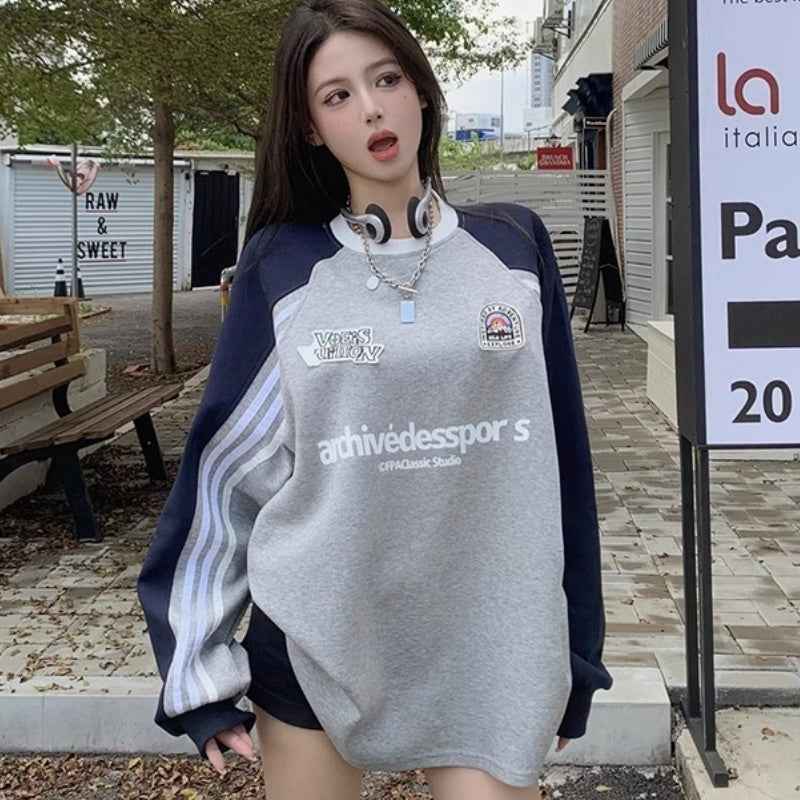 Patchwork Color Sweater with Three Bars Round Neck Design