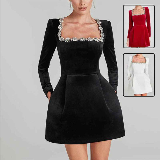 Christmas Elegant Square Neck Long-sleeved Dress with Flowers Rhinestone Design for Women - A-line Short Dress for Spring Fashion with Men&
