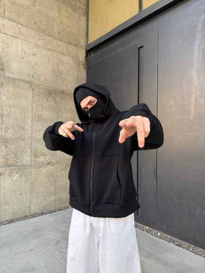 Double-layer Masked Hooded Loose Zip Men&