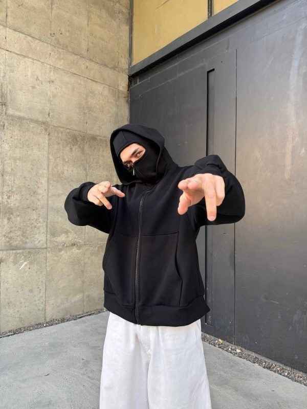 Double-layer Masked Hooded Loose Zip Men&