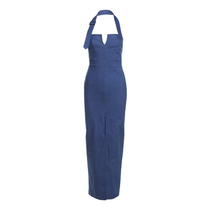 Retro Denim Halter Dress with Slim-fit Slit Design - Florence Luxe