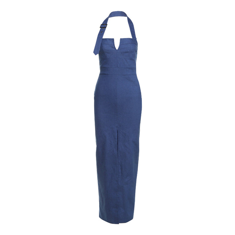 Retro Denim Halter Dress with Slim-fit Slit Design - Florence Luxe