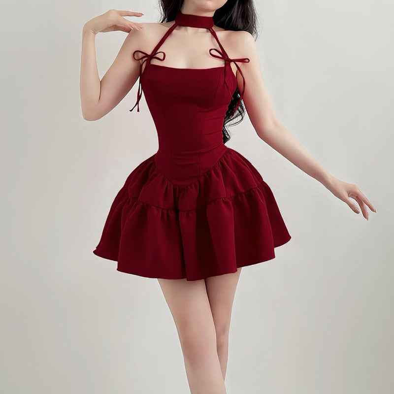 Retro Red Bow Bandage Halter Dress