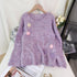 Sequined Flower Pullover Sweater with Round Neck and Stitching Design - Florence Luxe