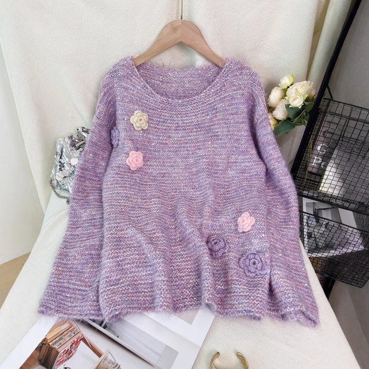 Sequined Flower Pullover Sweater with Round Neck and Stitching Design - Florence Luxe