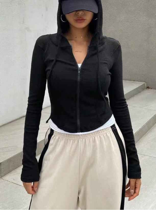 Top Slim Fit Sports Hoodie with Short Zipper Hooded Sweatshirt