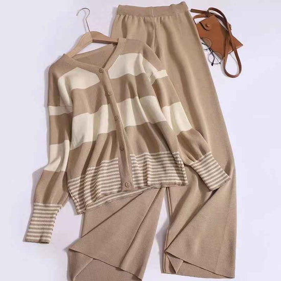 Korean Style Striped Cardigan Pants Suit - Youthful V-neck Knitted Two-Piece Fashion Set